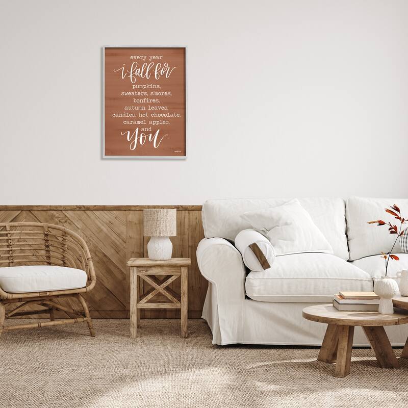 Stupell Cozy Romantic Autumn Quote Brown Seasonal Calligraphy Framed Wall Art - White