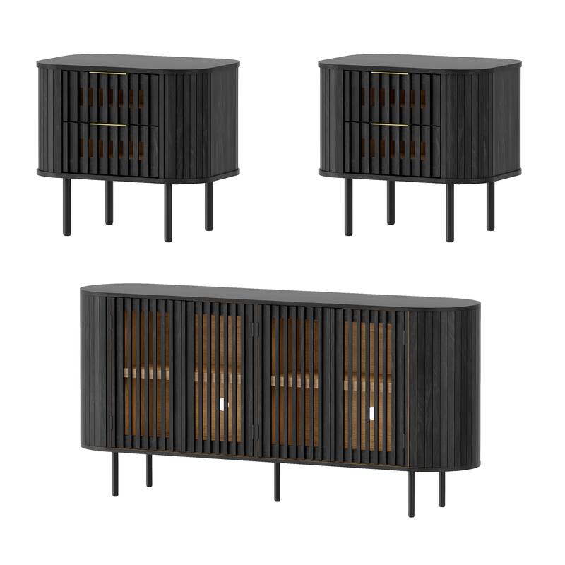 WAMPAT 3 Piece Fluted Buffet Cabinet and Nightstand