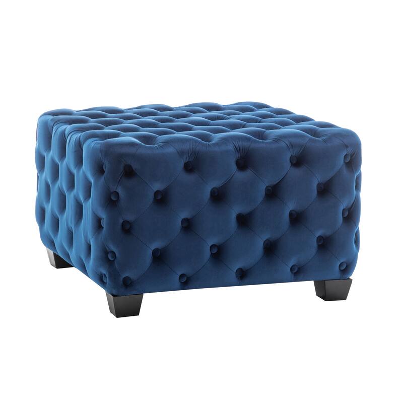 Porthos Home Emmi Velvet Button Tufted Square Ottoman with Rubberwood Legs