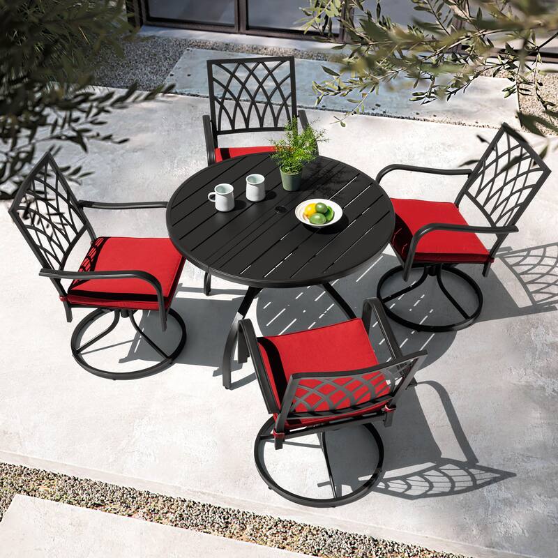 5PCS Patio Metal Dining Set with Umbrella Hole, All-Weather Design - Swivel chairs with cushions
