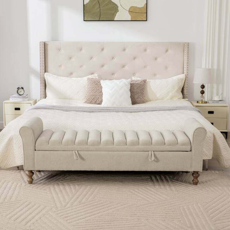 65.6"W Upholstered Storage Bench With Rolled Armrest, Rubberwood Legs