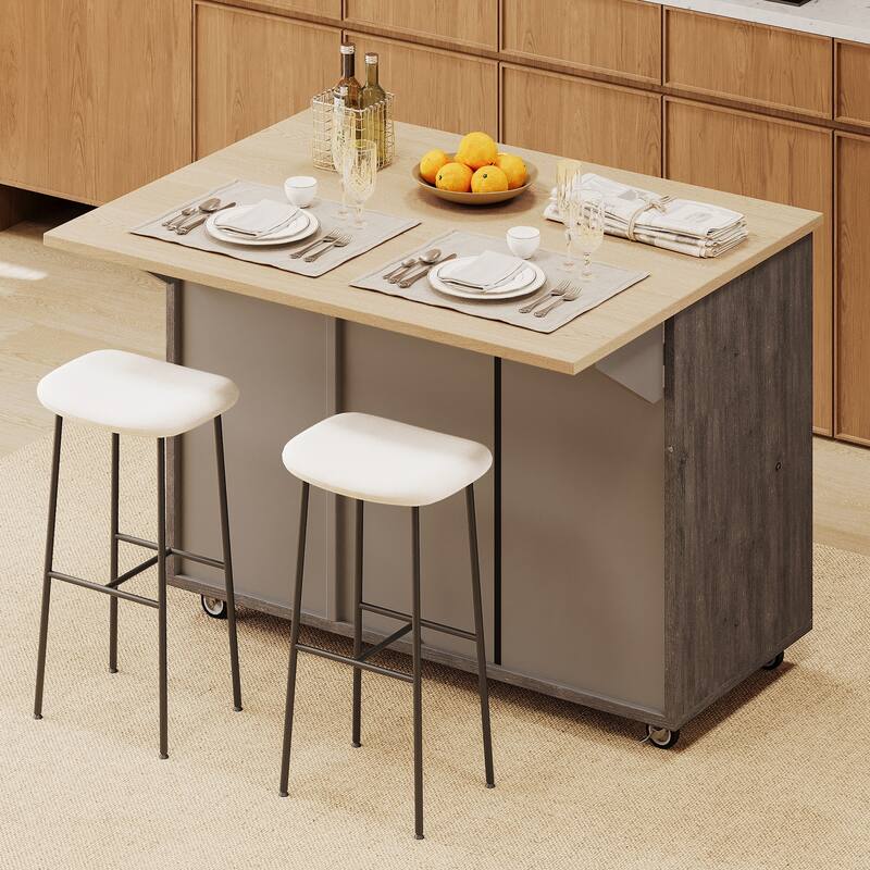 Geometric Twill Stripe Textured Design Kitchen Island with Drop Leaf - N/A