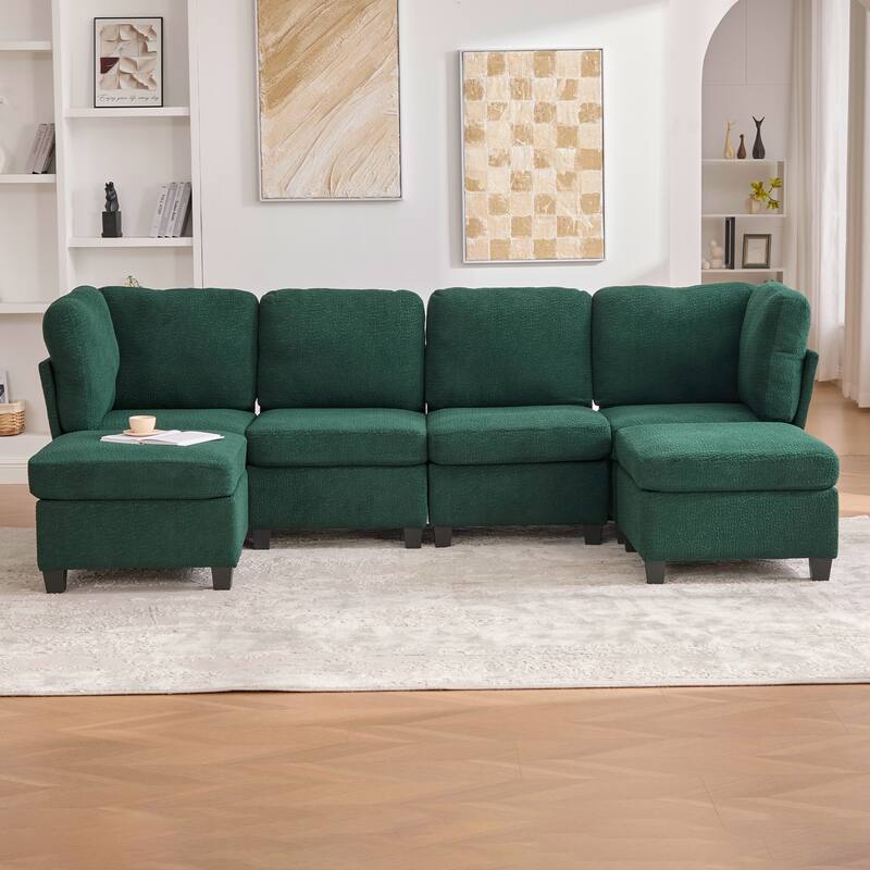 HOMEFUN 6-Seat Polyester Upholstered U-Shaped Modular Storage Sleeper Sectional Sofa with Storage Ottoman - Emerald