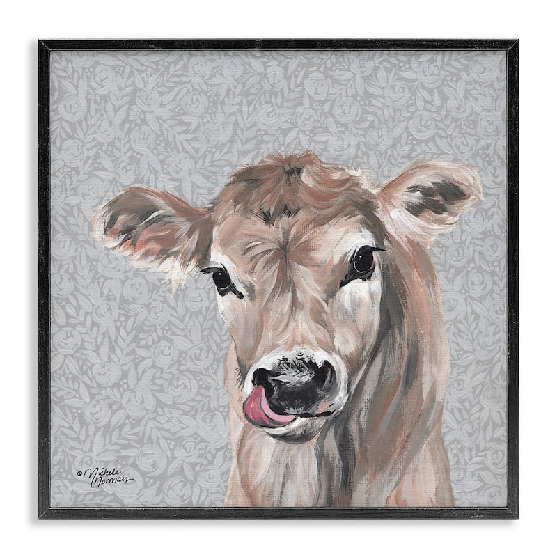 Stupell Young Calf Portrait Floral Pattern Farm Animal Framed Wall Art - 17 x 17 - Black