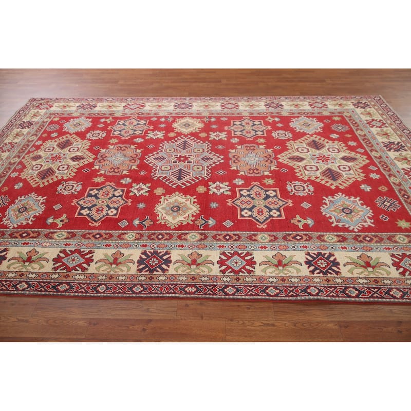 Hand Knotted Oriental 100% Wool Carpet Traditional Geometric Red Kazak Area Rug - 10' 2'' X 6' 4''