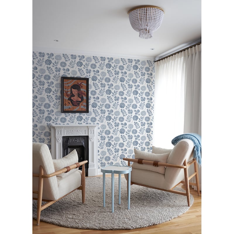 A-Street Prints Inge Denim Floral Block Print Wallpaper