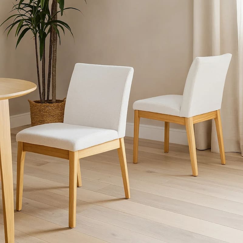 Dining Chair Set of 2, Brown Wood Frame, Light Beige Padded Fabric