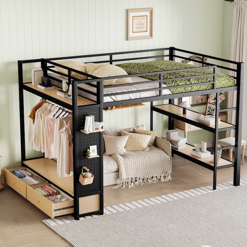 Metal Loft Bed with Wardrobe and Storage Shelves
