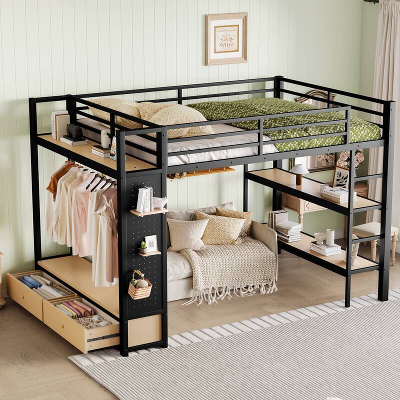 Roomfitters Full/Queen Size Metal Loft Bed Frame with Wardrobe, Storage Shelves & Pegboard, Space-Saving Functional Design