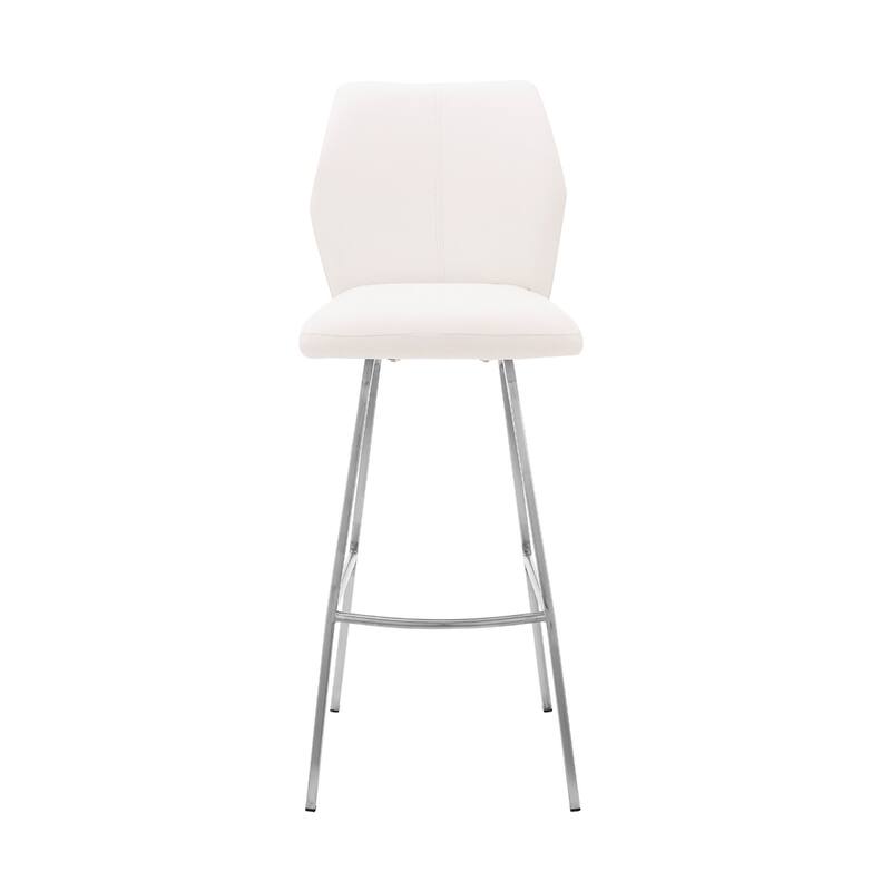 Contemporary Bar Stool in White Faux Leather with Full Back and Brushed Iron Frame for Kitchen