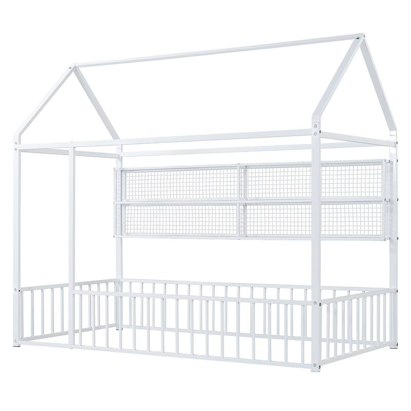 Twin Metal House Bed Frame with Storage Shelves & Fence