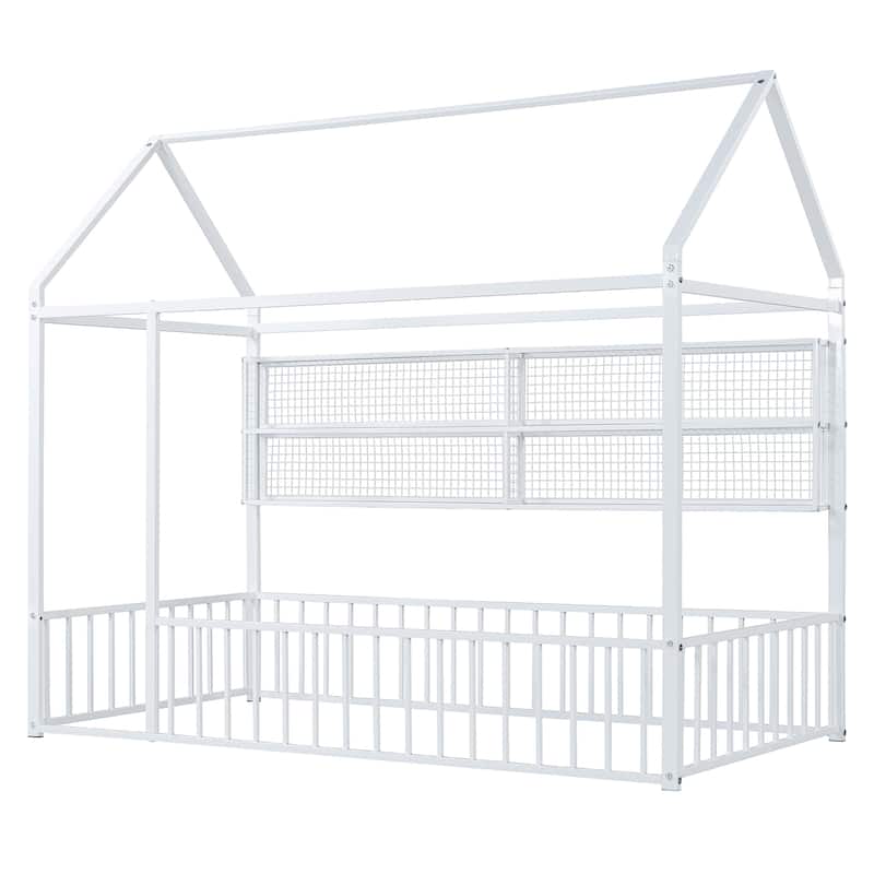 Twin Size Metal Bed House Bed Frame with Fence and Shelves