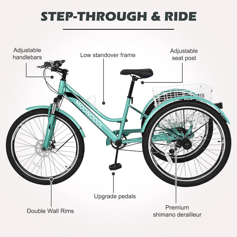 DoCred Mountain Tricycle 7 Speed 3 Wheel Bike with Basket