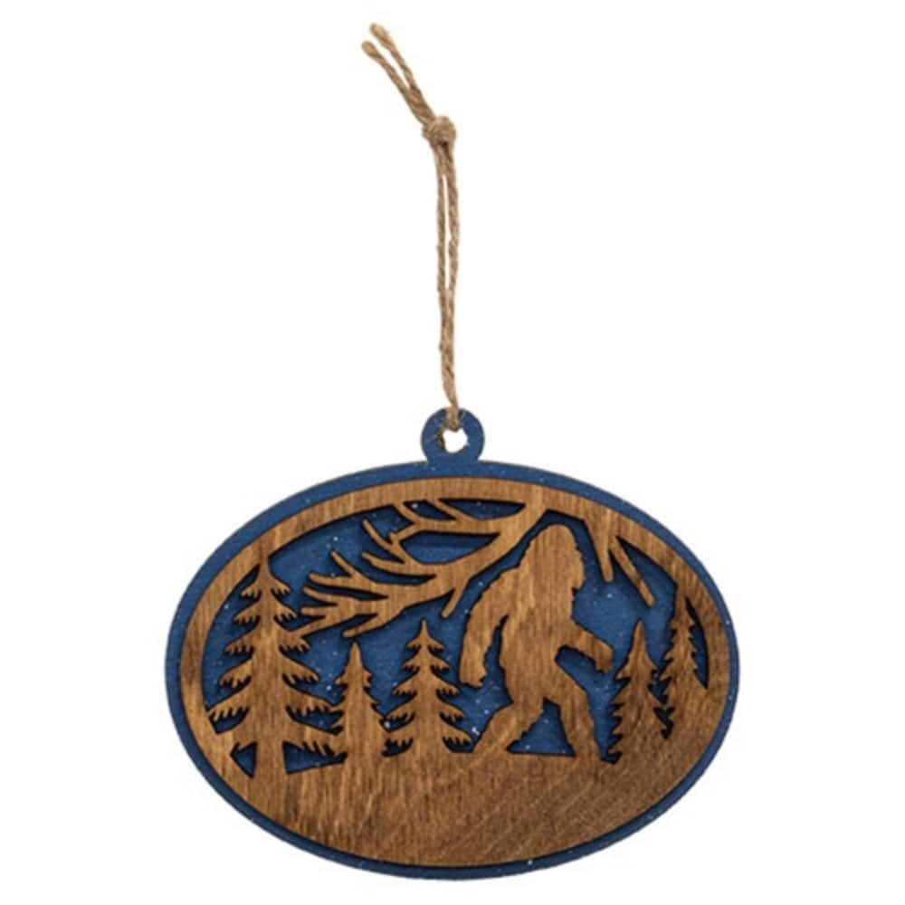 Wooden Bigfoot Ornament Oval Forest Scene Christmas Decor - 5" x 0.25" x 4"