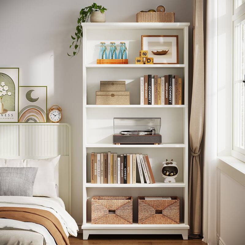 5-Tier White 70" Tall Wooden Bookshelf, Open Display Shelving