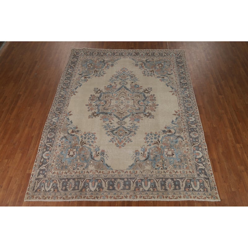 Floral Beige Tabriz Persian Area Rug Handmade Wool Carpet - 8'1"x 10'7"