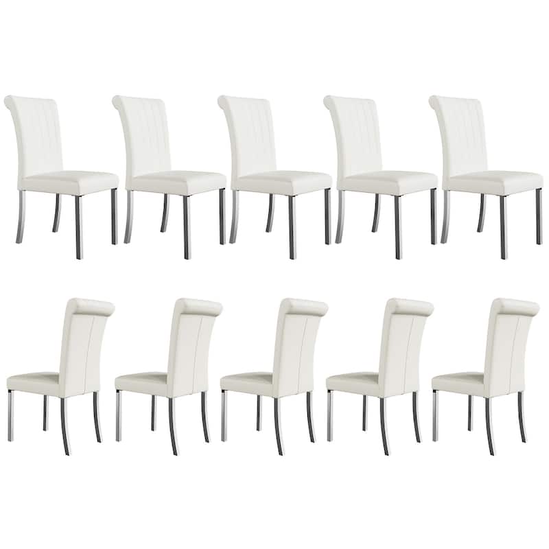 Luxury PU Leather Parsons Dining Chairs Side Chairs with Rolled Back and Stainless Steel Legs - White and Silver - Set of 10