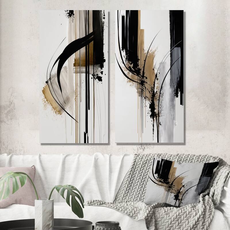 Designart "Black, White And Gold Expression I" Abstract Wall Art Set Of 2 Black Modern Gallery Set For Office Decor
