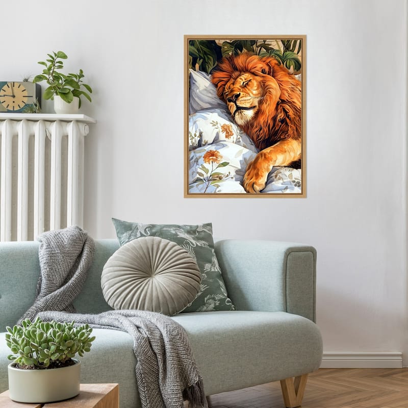 Animal Watercolor Art Lion Sleeping by Justyna Jaszke Framed Canvas Wall Art