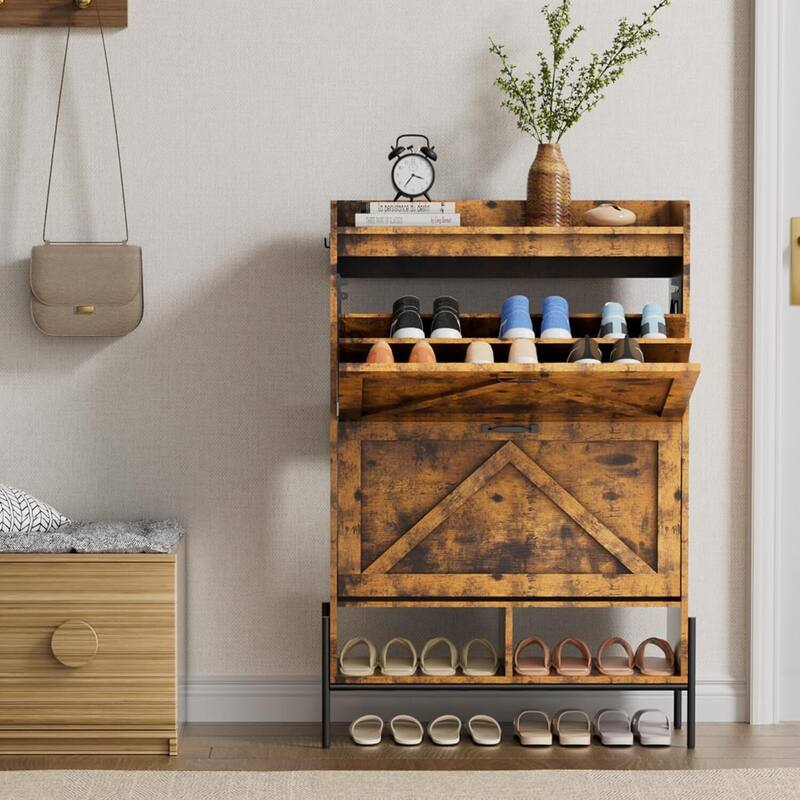 Shoe Cabinet with 2 Flip Drawers and Open Shelves