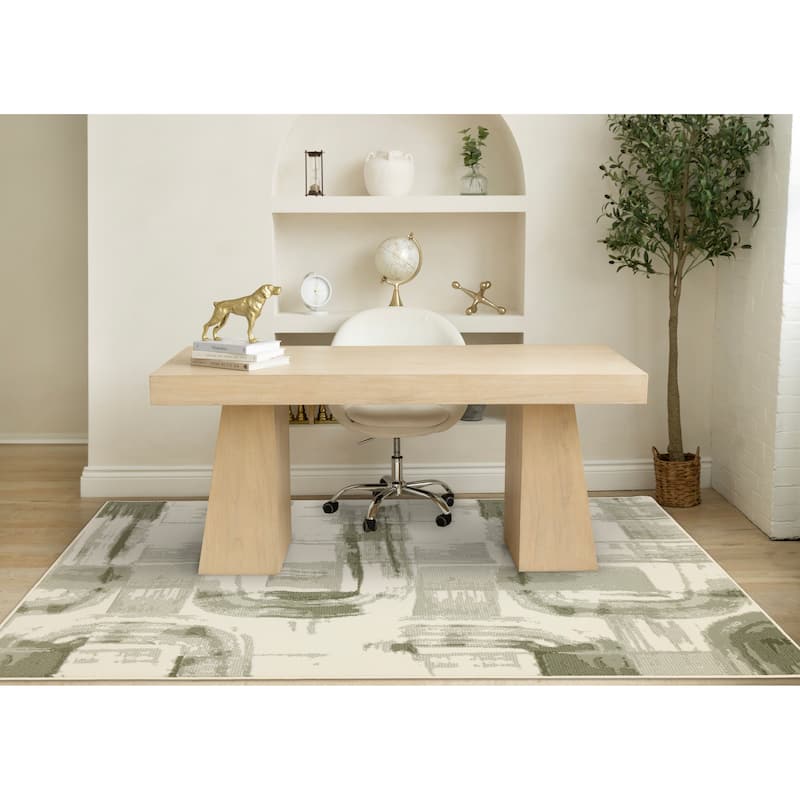 Cream Green Distressed Abstract High Traffic Area Rug