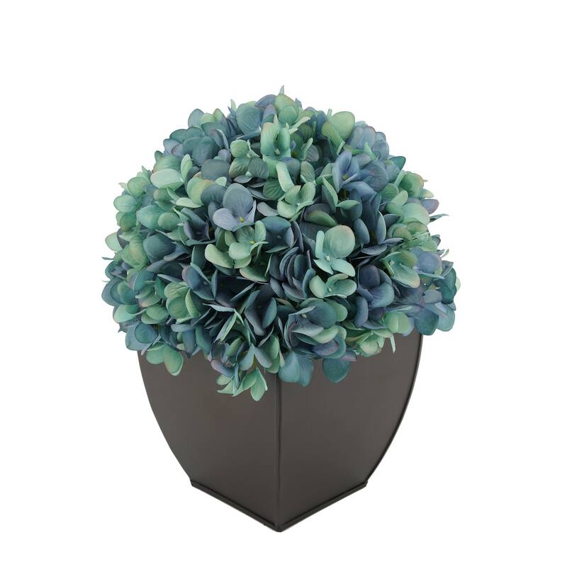 Faux Hydrangea in Matte Brown Tapered Zinc Cube - Antique Aqua
