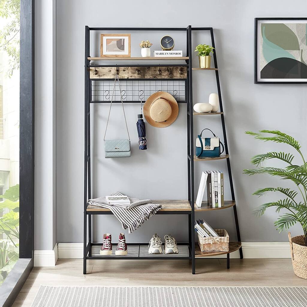 Entryway Coat Rack Hall Tree with Bookshelves