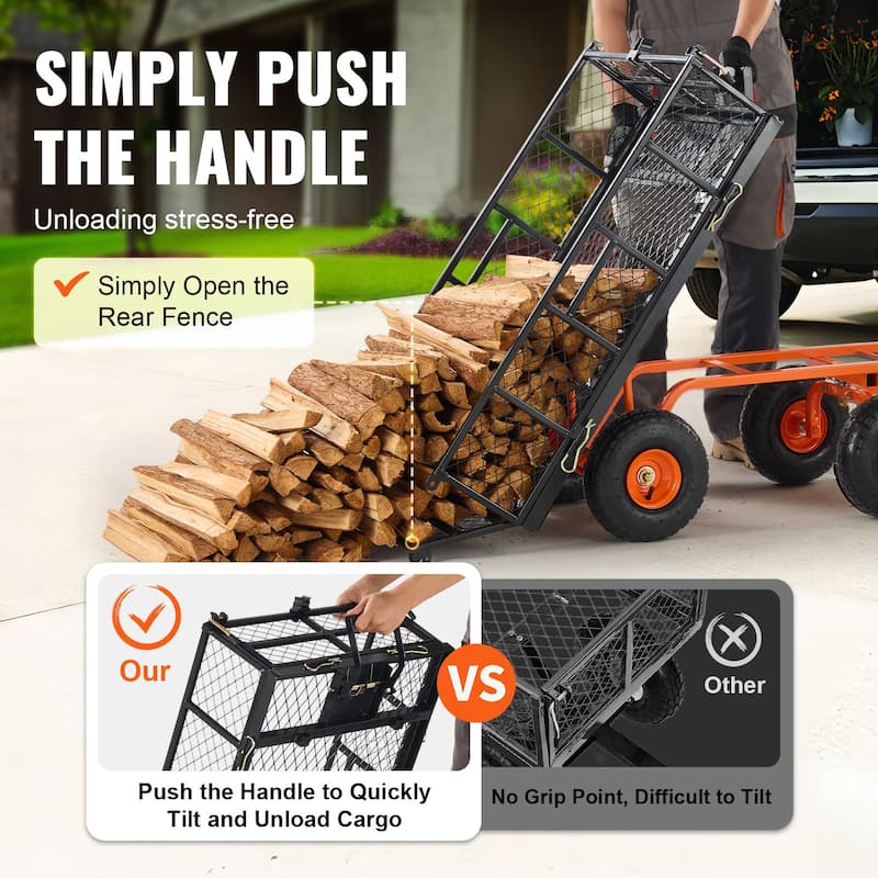 Orange Steel Dump Cart 400lbs Yard Wagon 10" Wheels Flatbed Mesh Cover - 69.68x19.48x19.68inch