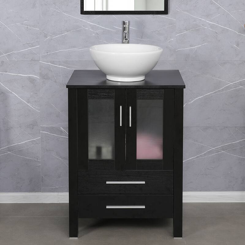 eclife 24" Classical Bathroom Vanity Set with Tempered Glass Vessel Sink Oil Rubbed Bronze Faucet and Drain - white ceramic round sink