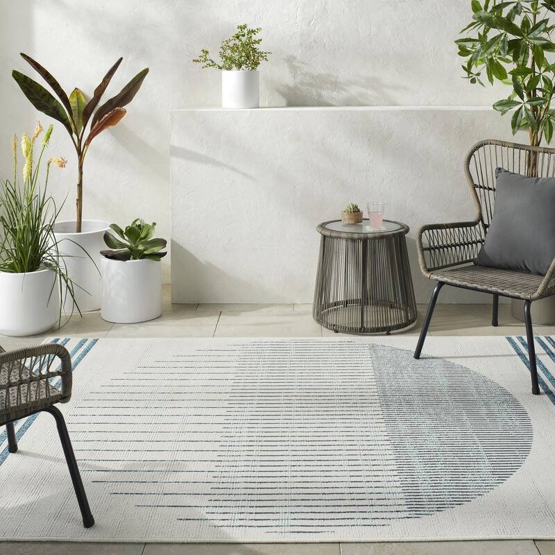 Livabliss Alfresco Outdoor Scandinavian Abstract Area Rug - 5'3" Square - Blue,Grey,Brown