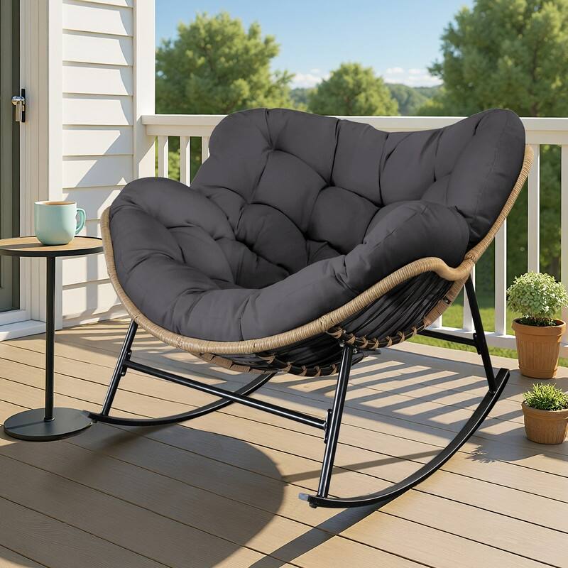 Outdoor Rocking Papasan Chair, Wide Egg Rocking Chair with Thick Padded Cushion, 450 lb Capacity Patio Relaxing Rocker - 1PC-Gray