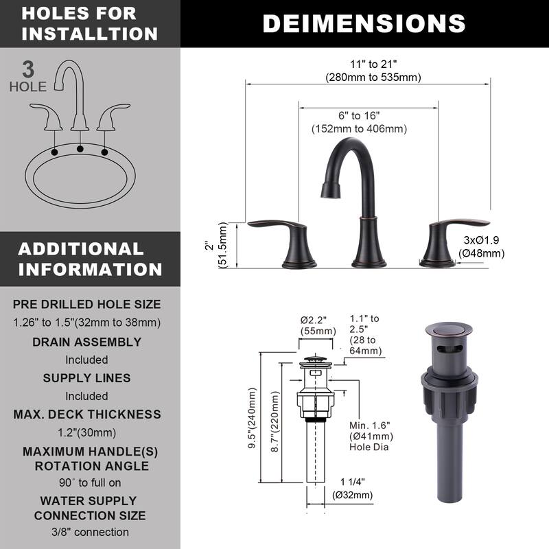 WOWOW 8 in. Widespread Double Handle Bathroom Faucet with Pop Up Drain