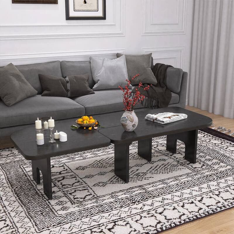Modern Nesting Coffee Table Set, Black Wood Extendable Center Table with Smooth Surface for Living Room