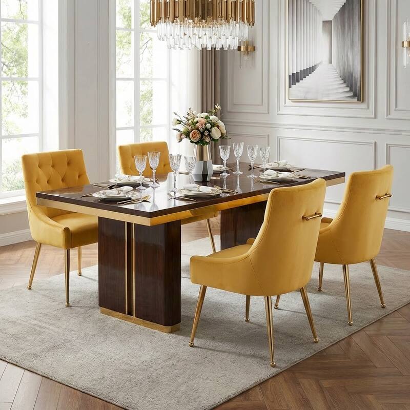 Modern Velvet Dining Chairs Set of 4, Upholstered Accent Chair Tufted Back Armless Chair with Back Pull - Yellow
