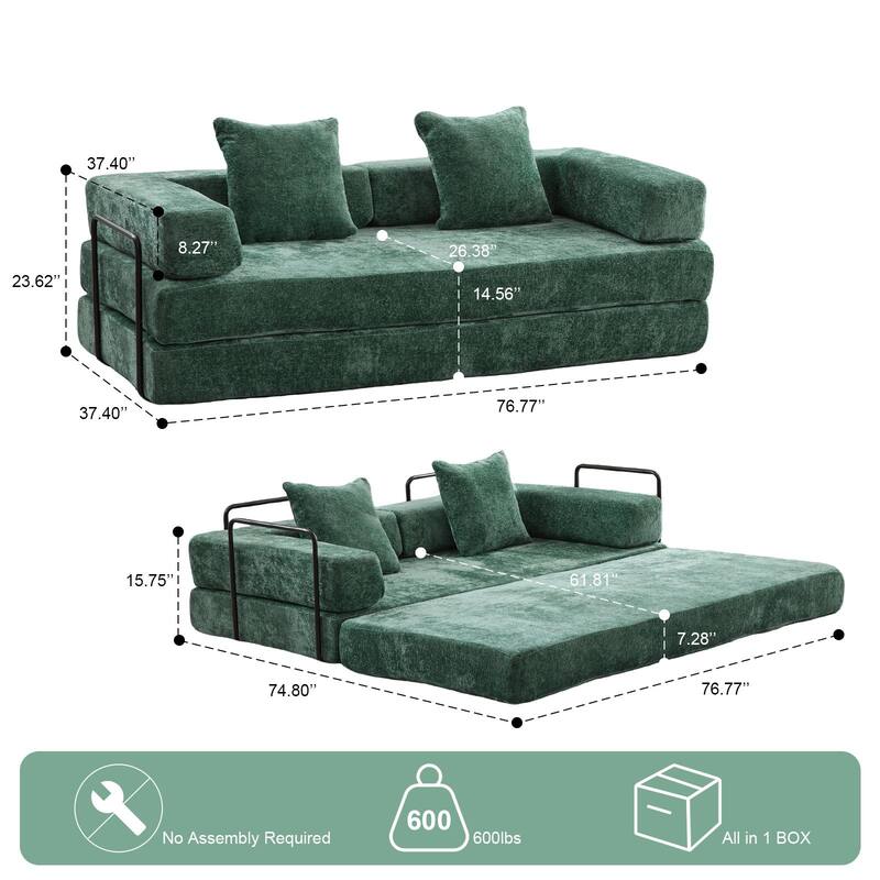 Convertible Floor Sofa Bed with Pillow Back Support, Chenille Fabric, for Living Room and Bedroom