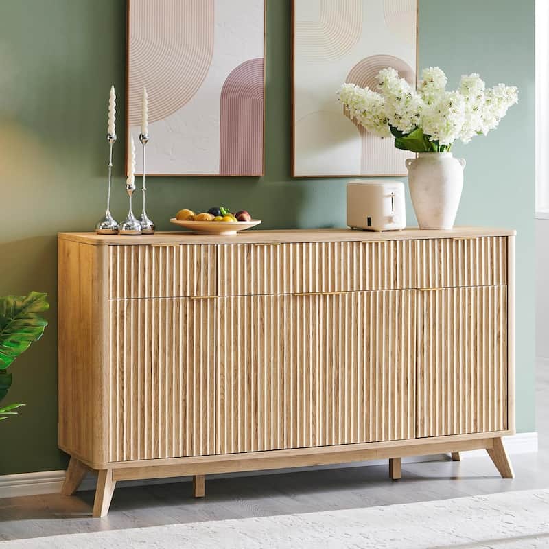 Modern Fluted Buffet Sideboard Cabinet, Buffet Table Coffee/Wine Bar - Natural Oak