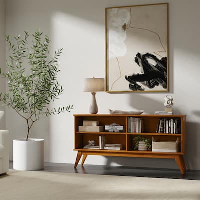 WYNDENHALL Tierney SOLID HARDWOOD 30 x 64 inch Modern Low Bookcase in Teak Brown - 14" d x 64" w x 30" h