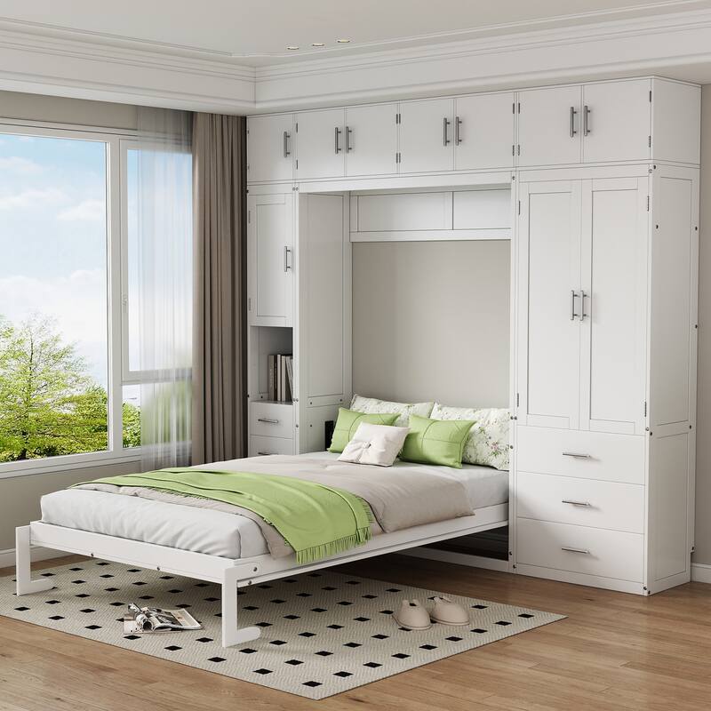 Murphy Bed Cabinet with Wardrobe & Drawers, Full Solid Wood Foldable Hidden Wall Platform Bedframe Chest with Storage Cabinets - White - Full