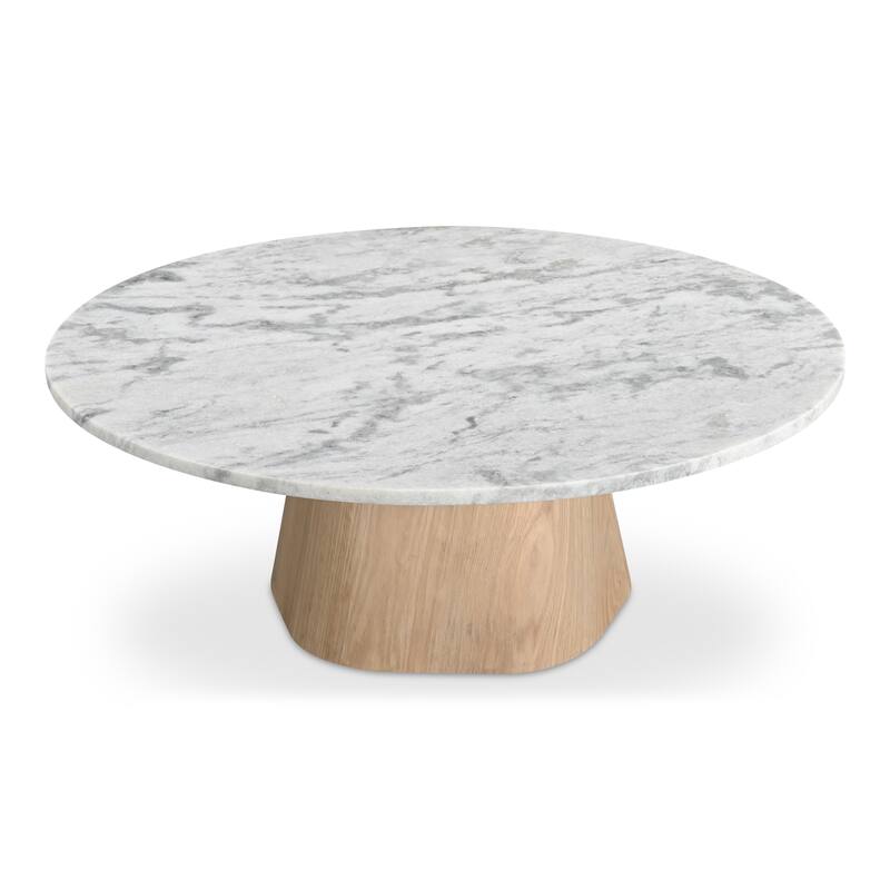 NADAAL STUDIOS Eden Coffee Table, Round Raj Grey Marble Top with Oak Veneer Base, Contemporary Design, White