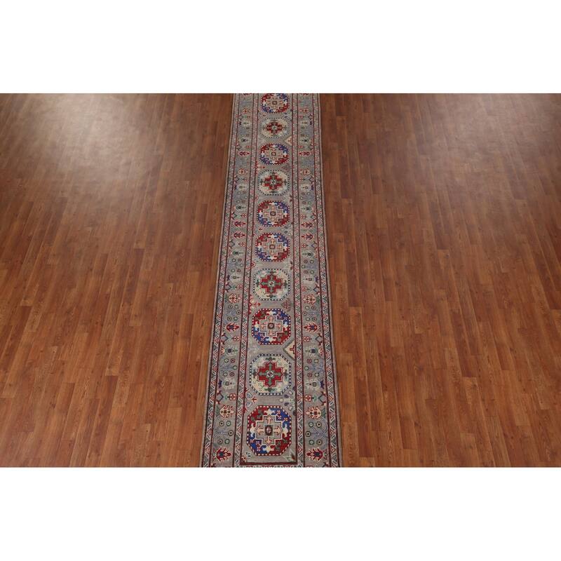 Geometric Kazak Runner Rug Handmade Hallway Wool Carpet - 2'7" x 12'10"