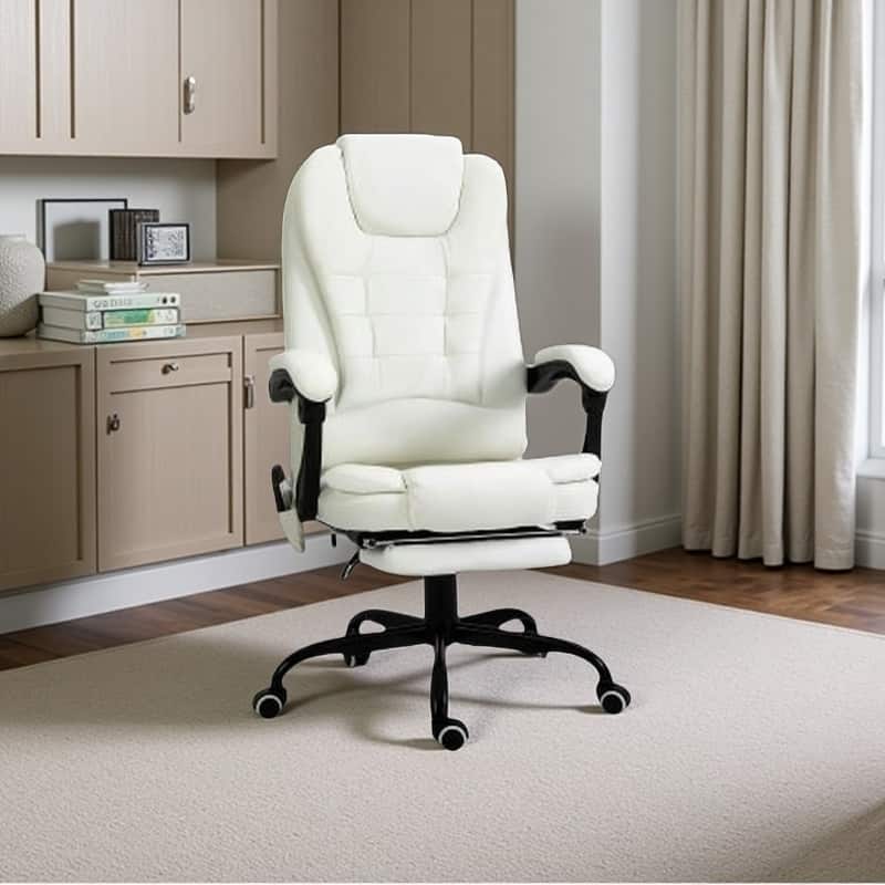 Ergonomic PU Leather Office Chair with 7-Point Massage, Reclining Backrest, Lumbar Cushion & Retractable Footrest