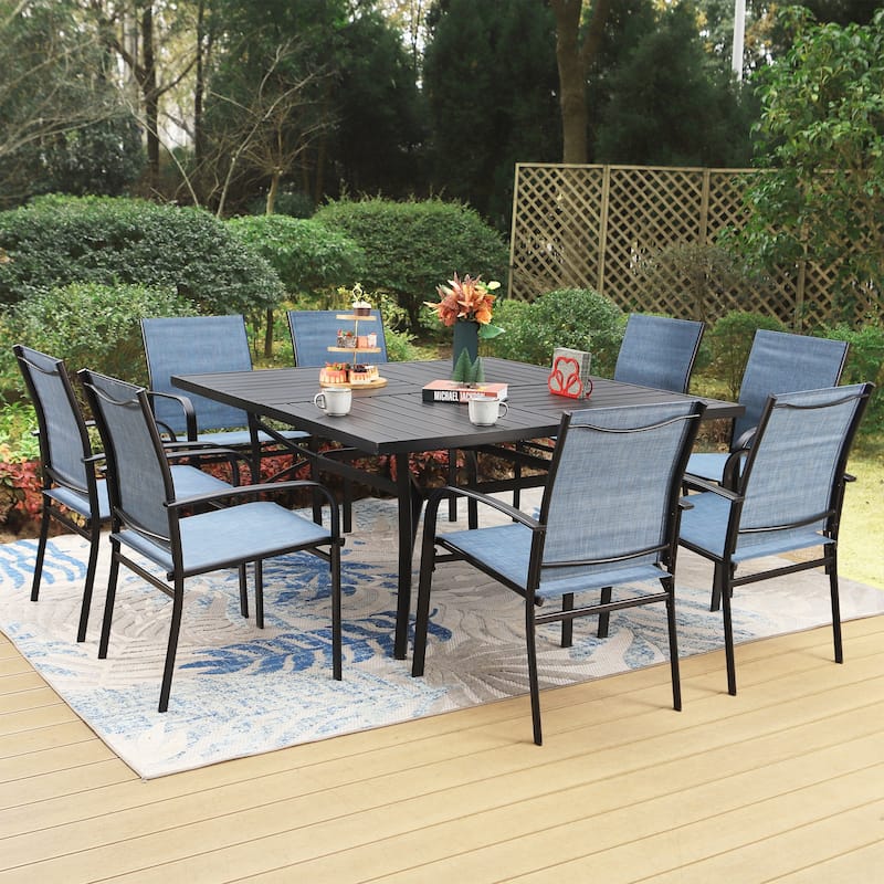 MAISON ARTS 9-Piece Patio Dining Set, 60 Inch Square Metal Table and 8 Textilene Dining Chairs