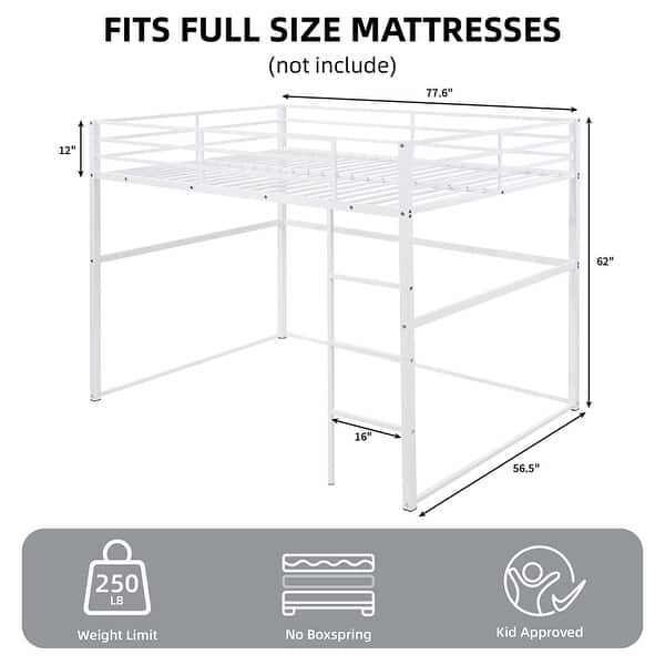 dimension image slide 0 of 3, Metal Loft Bed Full with Guardrails, Flat Ladder, Kids, Teens, Adults