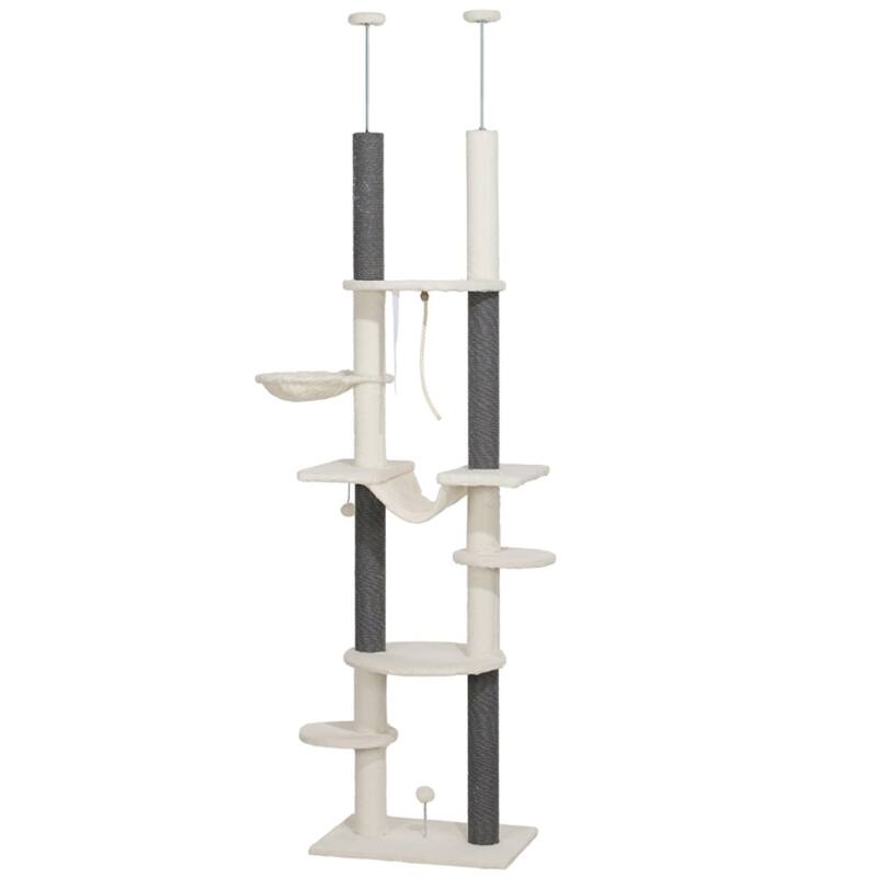 White-Grey Vertical Cat Tree with Adjustable Height and Soft Plush Cover - 23.6" W x 17.3" D x 88.6" -100.4" H