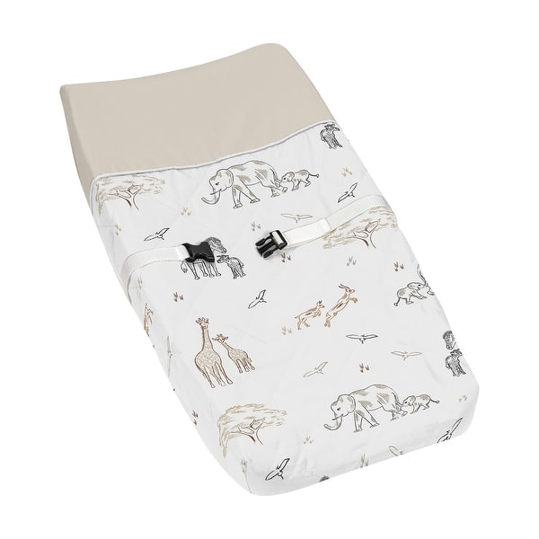 slide 2 of 6, Jungle Safari Animals Boy Girl Changing Pad Cover Taupe Black and White Gender Neutral Elephant Giraffe Wildlife Adventure Zebra