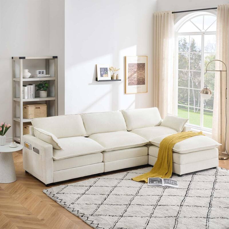Chenille 113-Inch Modular Combo Sofa, Modern 3-Seater L-Shaped Sofa with Ottoman, 2 Cushions, Side Pockets
