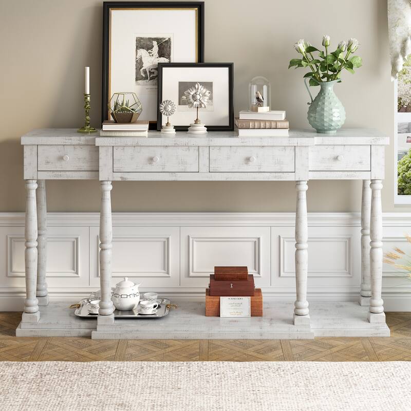 Retro Console Table with 4 Drawers and Floor Shelf