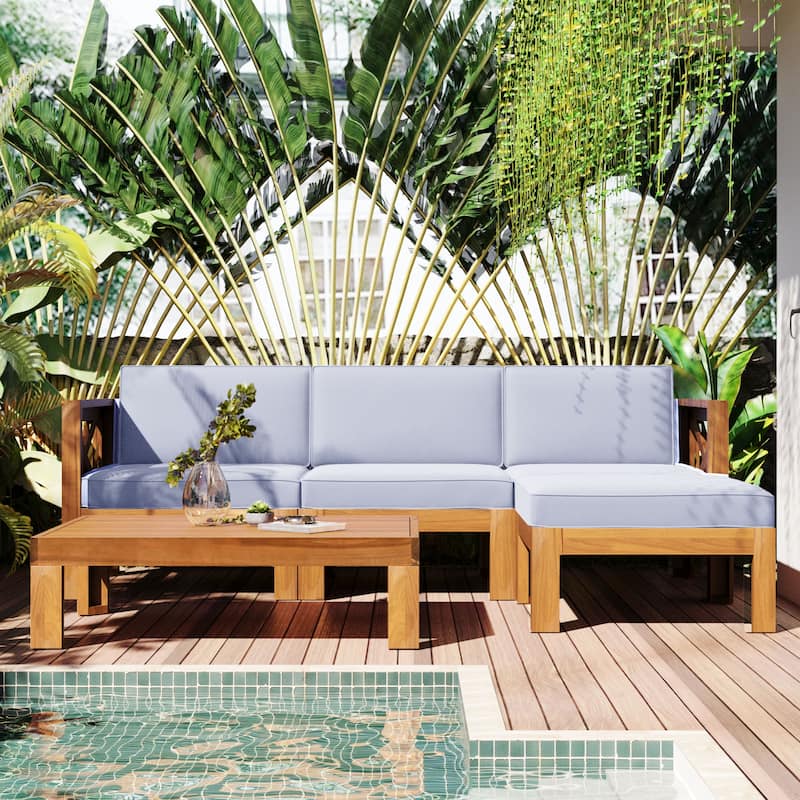 5 Piece Outdoor Patio Furniture Set, All Weather Outdoor Conversation Set, Wooden Sectional Sofa Set with Coffee Table - Gray,Natural
