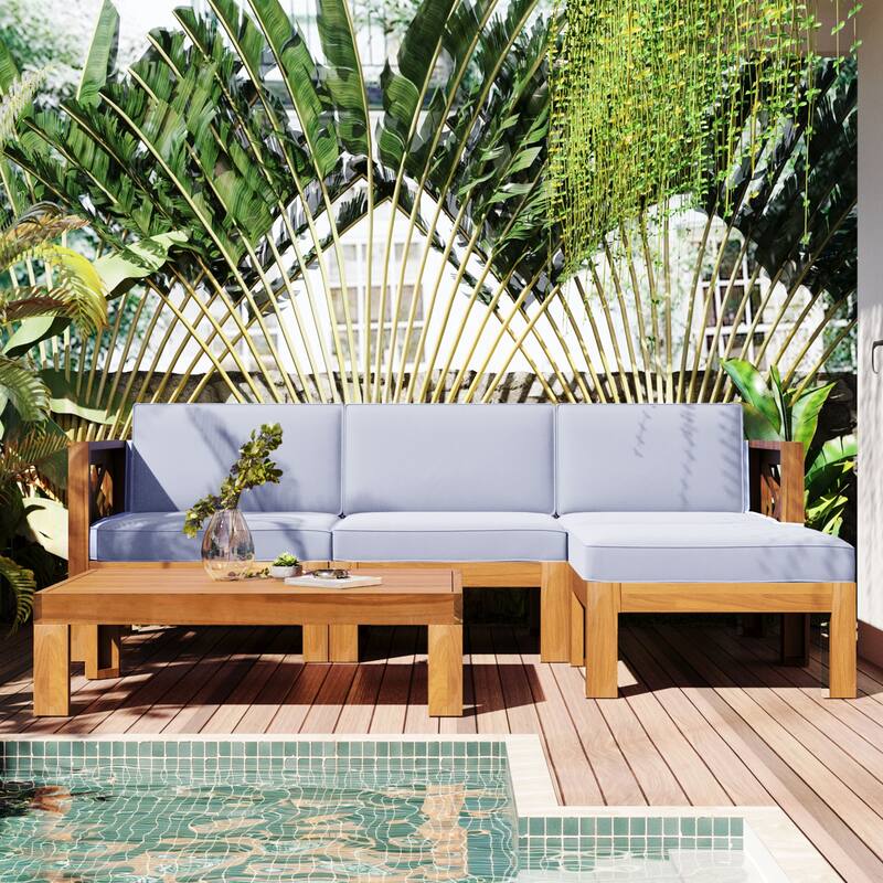 Wooden Sectional Sofa with Chaise Lounge Seating Group Set wEnd Table - Gray