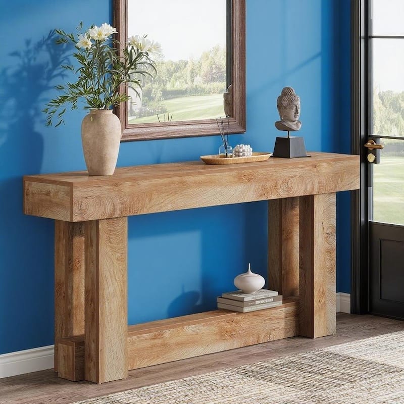 Farmhouse Console Table 63 Inch Engineered Wood MDF Entryway Living Room Hallway Sofa Table with Rustic Wood Finish - Dark Brown